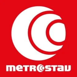 Logo firmy METROSTAV na červeném pozadí